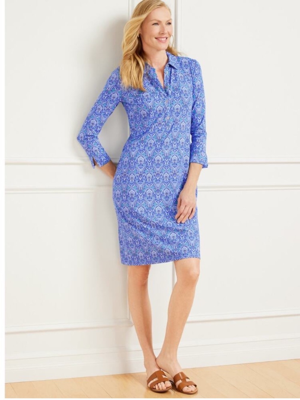 Talbots Paisley Effortless Shirt Dress Blue 3/4 Sleeve Performance Plus Size 1X‎